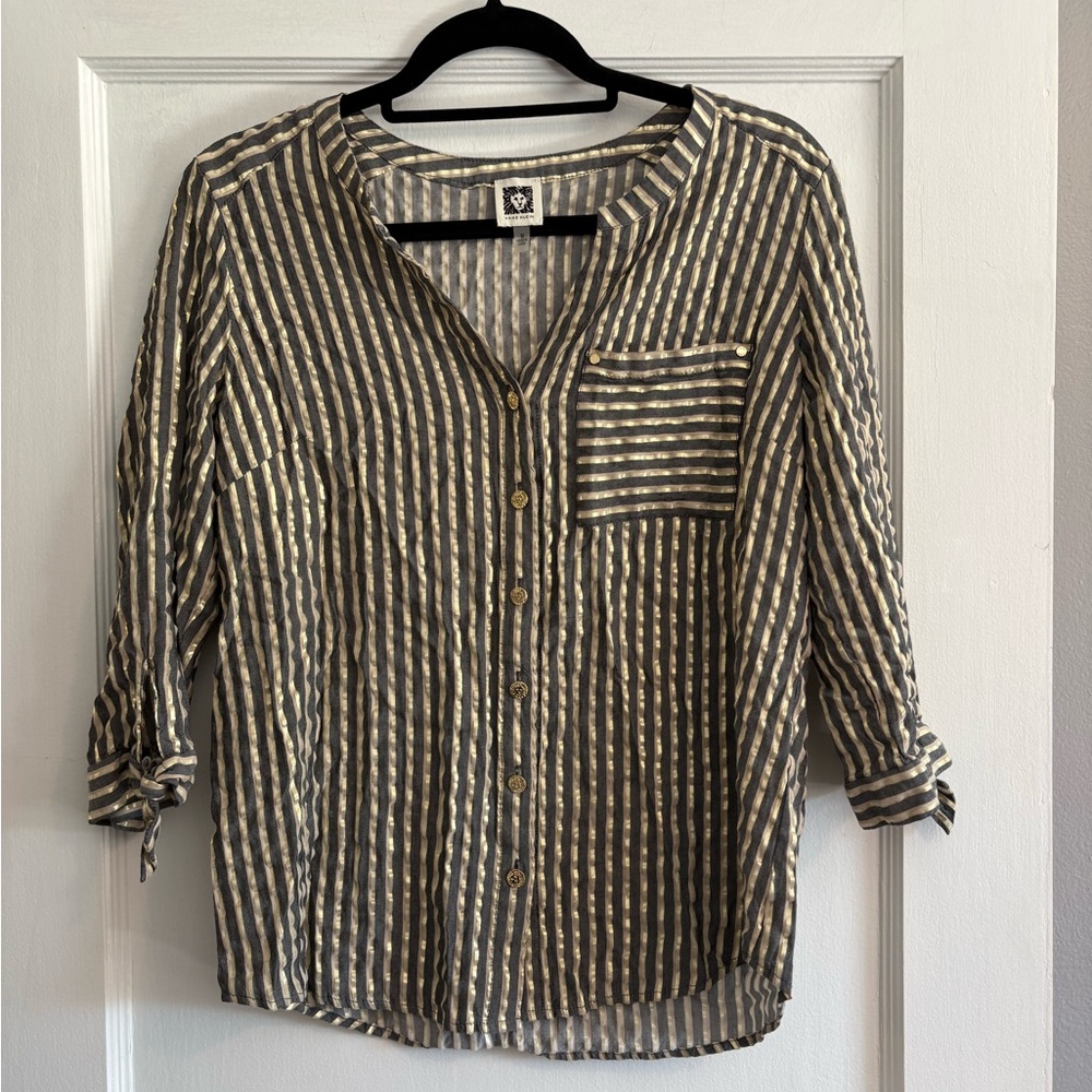 Women's Anne Klein Gray and Gold Striped Button-Down Blouse Size Medium